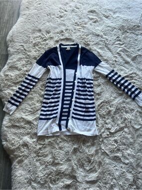 Hermes Navy & White Striped Button-Down Cardigan Top